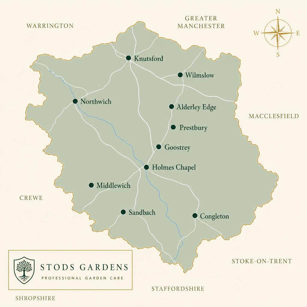 Illustrated map of Cheshire showing Sandbach, Middlewich, Holmes Chapel, Goostrey, Prestbury, Alderley Edge, Congleton, Knutsford, Wilmslow and Northwich